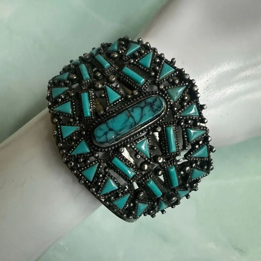 Southwestern Style Wide Cuff Bracelet Turquoise Mosaic Design